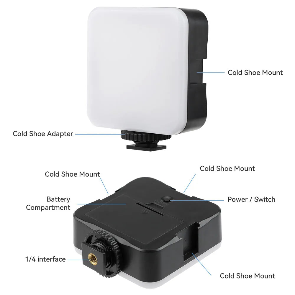 Universal LED mini square top flash light on a tripod, showing compact size and rotatable head.