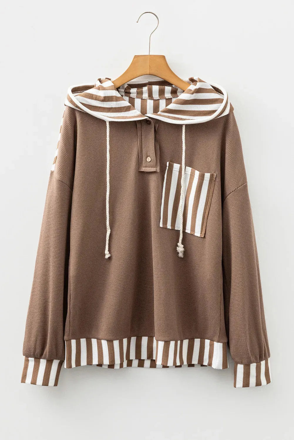 Straw yellow waffle texture hoodie with patchwork stripes, button neck, and drawstring hood