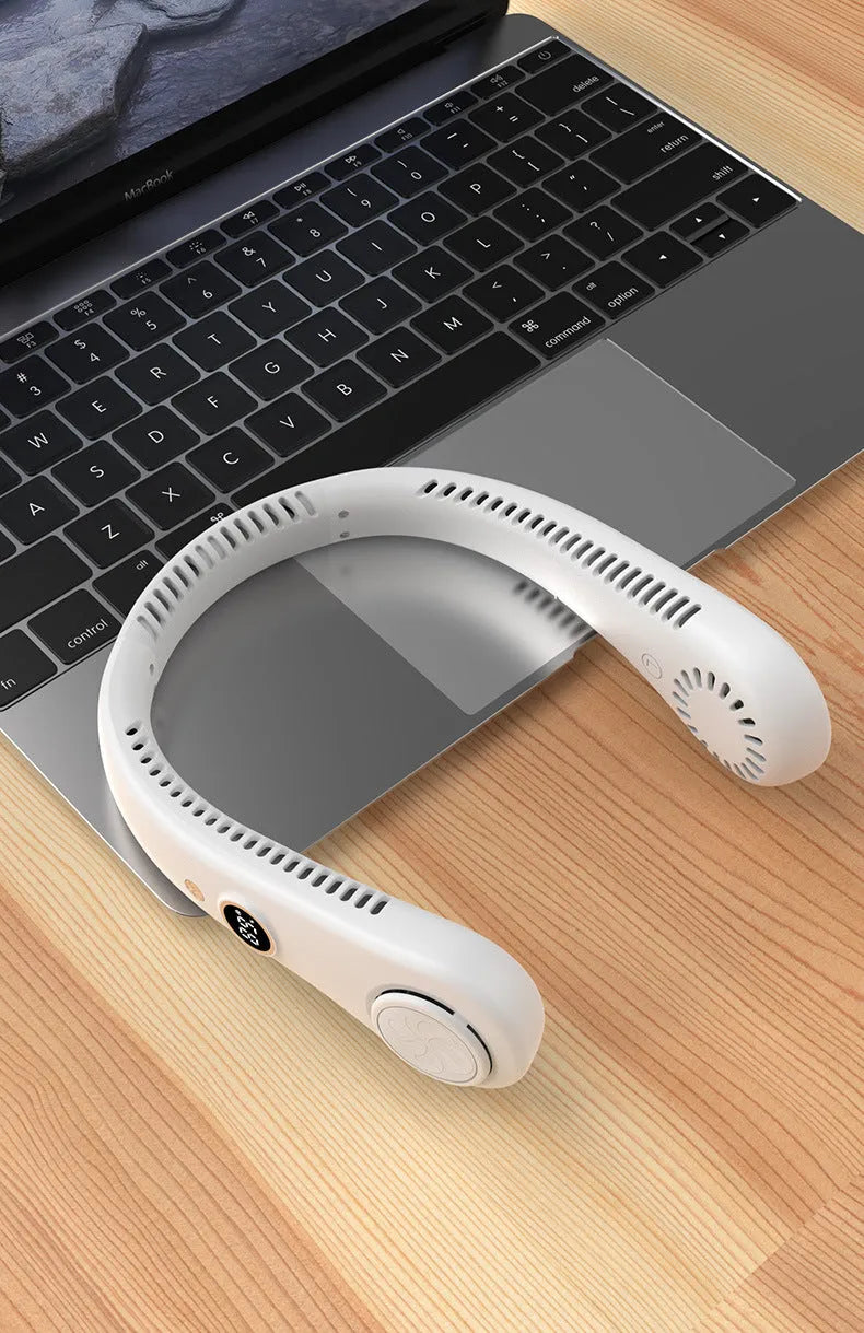 White USB charging portable bladeless neck fan showing flexible neckband and streamlined airflow outlet