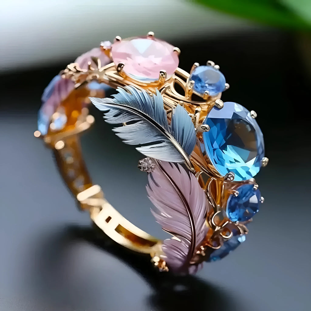 Gold tone brass feather ring with embossed design and zircon stones.