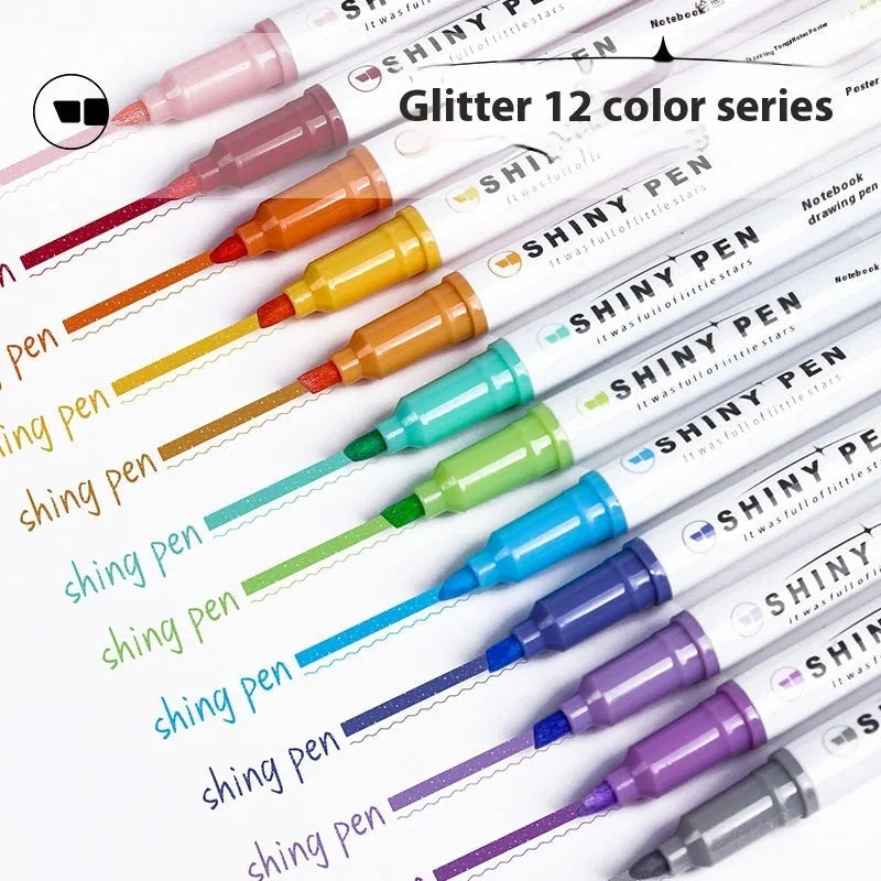 Set of four glitter highlighter pens with star river design and slanted tips in assorted colours.