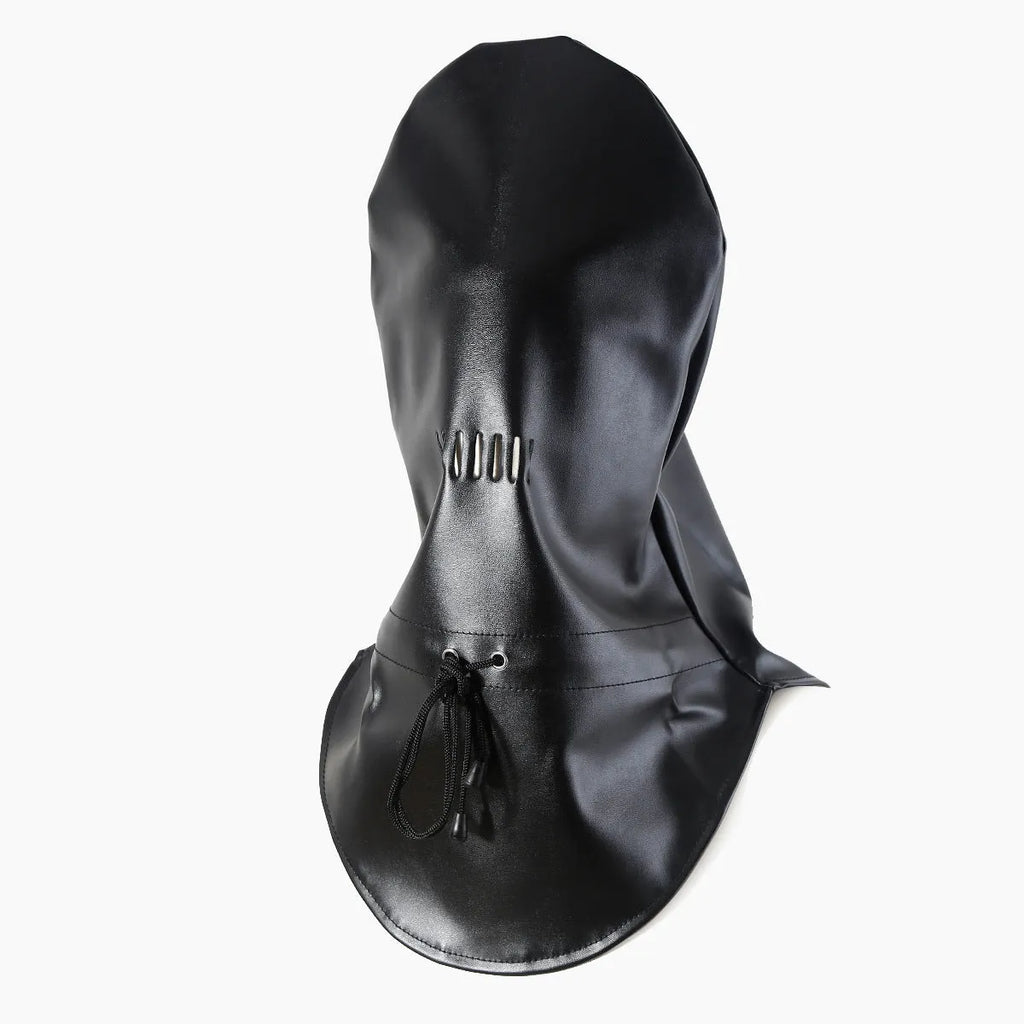 Black leather adjustable BDSM training mask for adult role-play scenarios