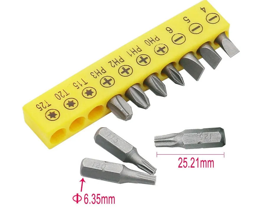 L-shaped socket wrench handle with 10 steel screwdriver bits and drill bit socket wrenches
