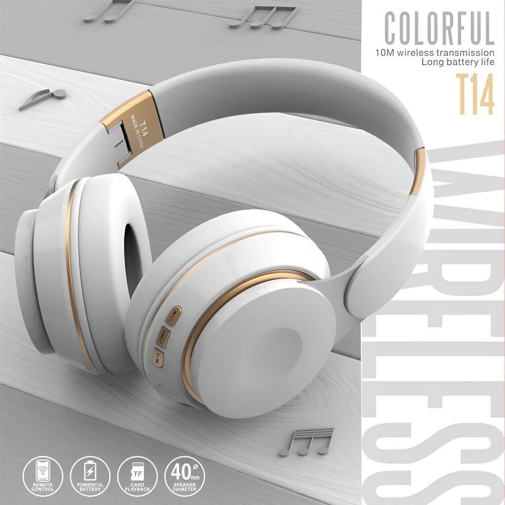 Foldable Bluetooth wireless headset in black, white, green, blue, or pink colour.