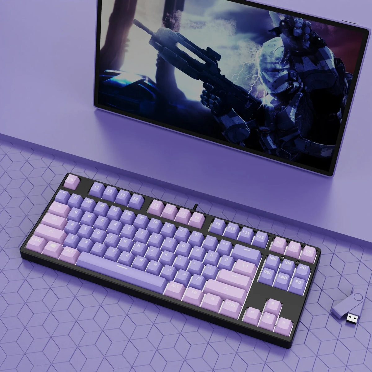 87-key wired mechanical keyboard with hot-swappable sockets in a dual-colour design