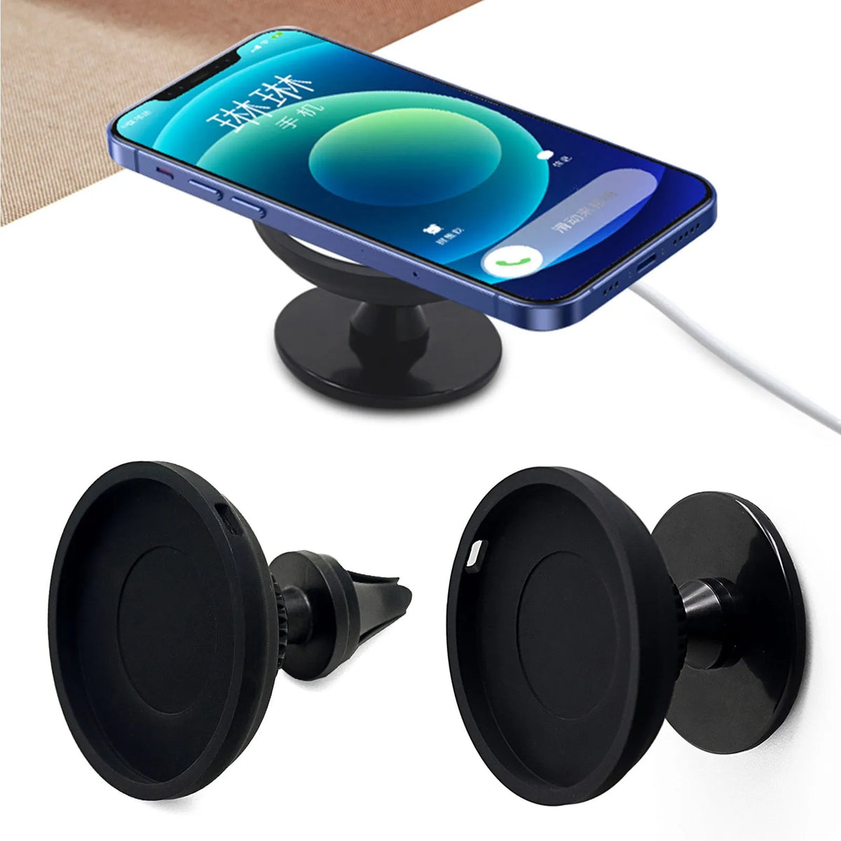 Black car magnetic mobile phone holder with plastic construction and snap-in design