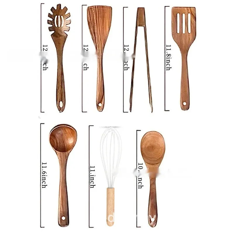Set of seven wooden kitchen utensils including spoons and a spatula on a table.