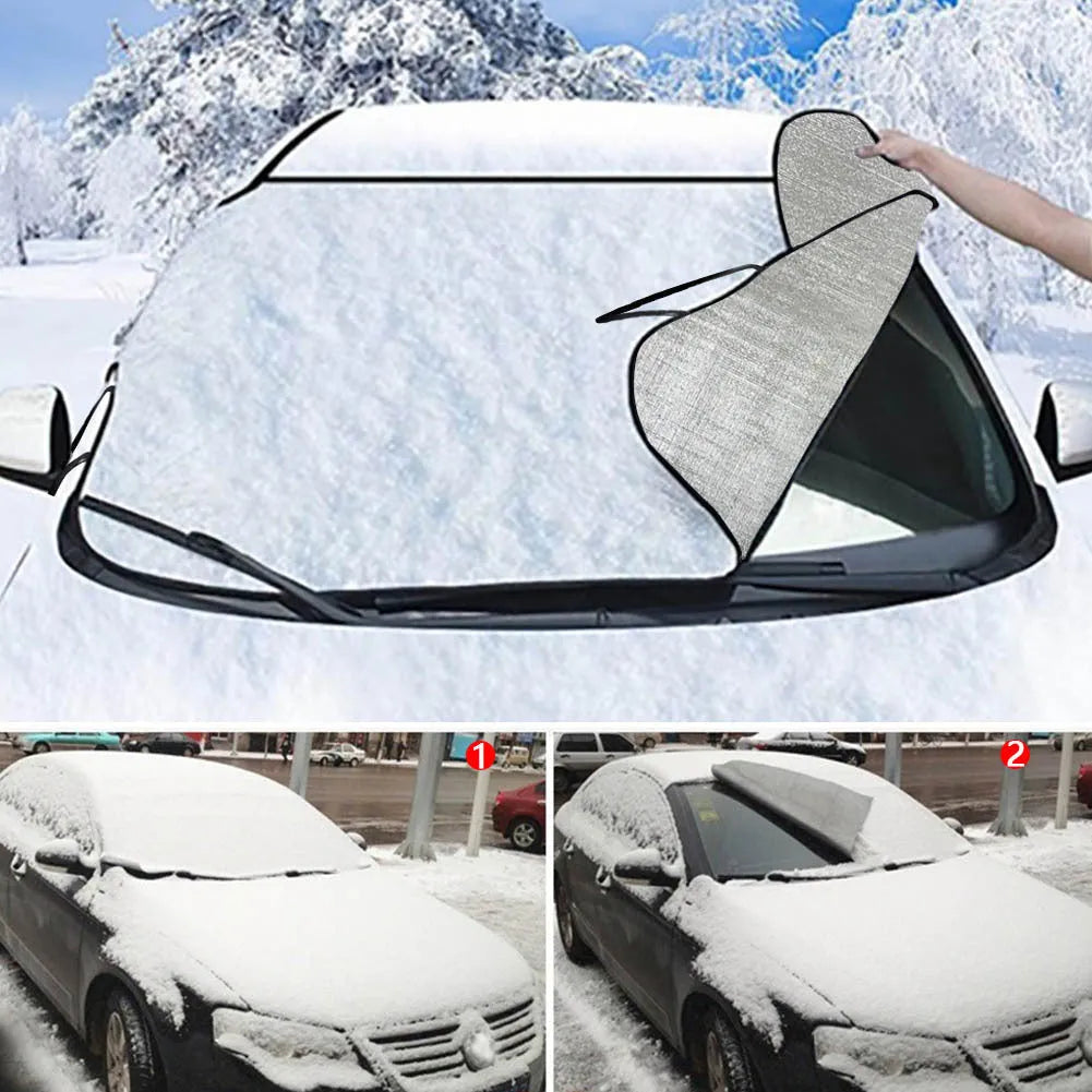 Car snow protection front gear showing aluminium foam fabric construction and lanyard installation system
