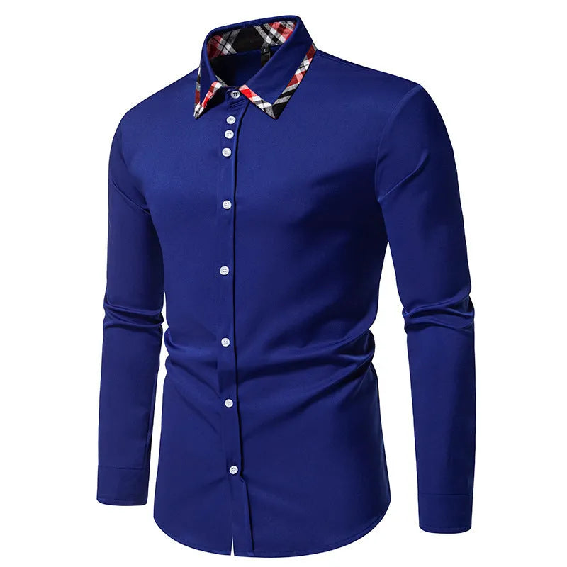 Men's plaid contrast triangle collar long sleeve shirt in polyester blend fabric