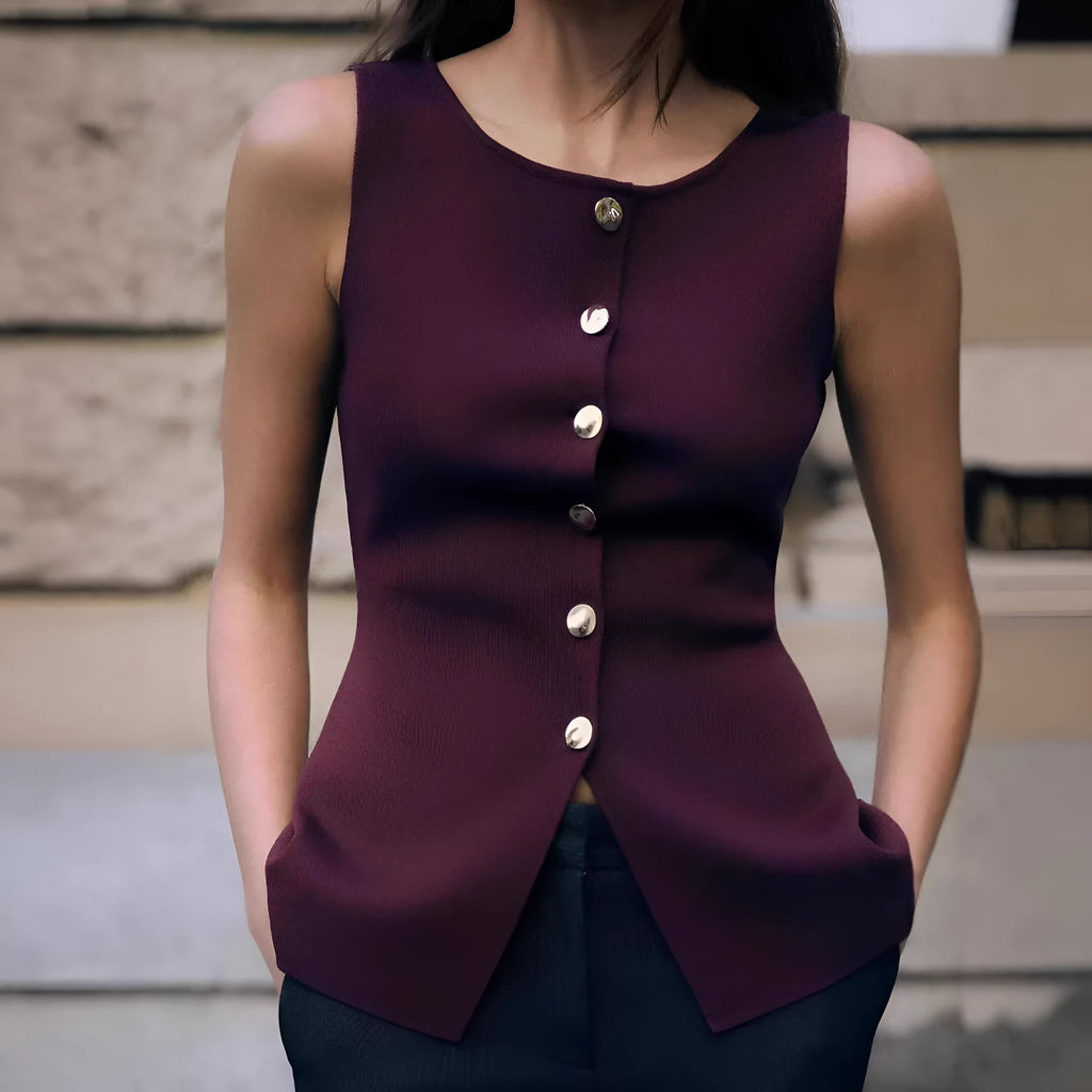 Women's slim fit sleeveless cardigan vest with 3D pattern in viscose fibre fabric