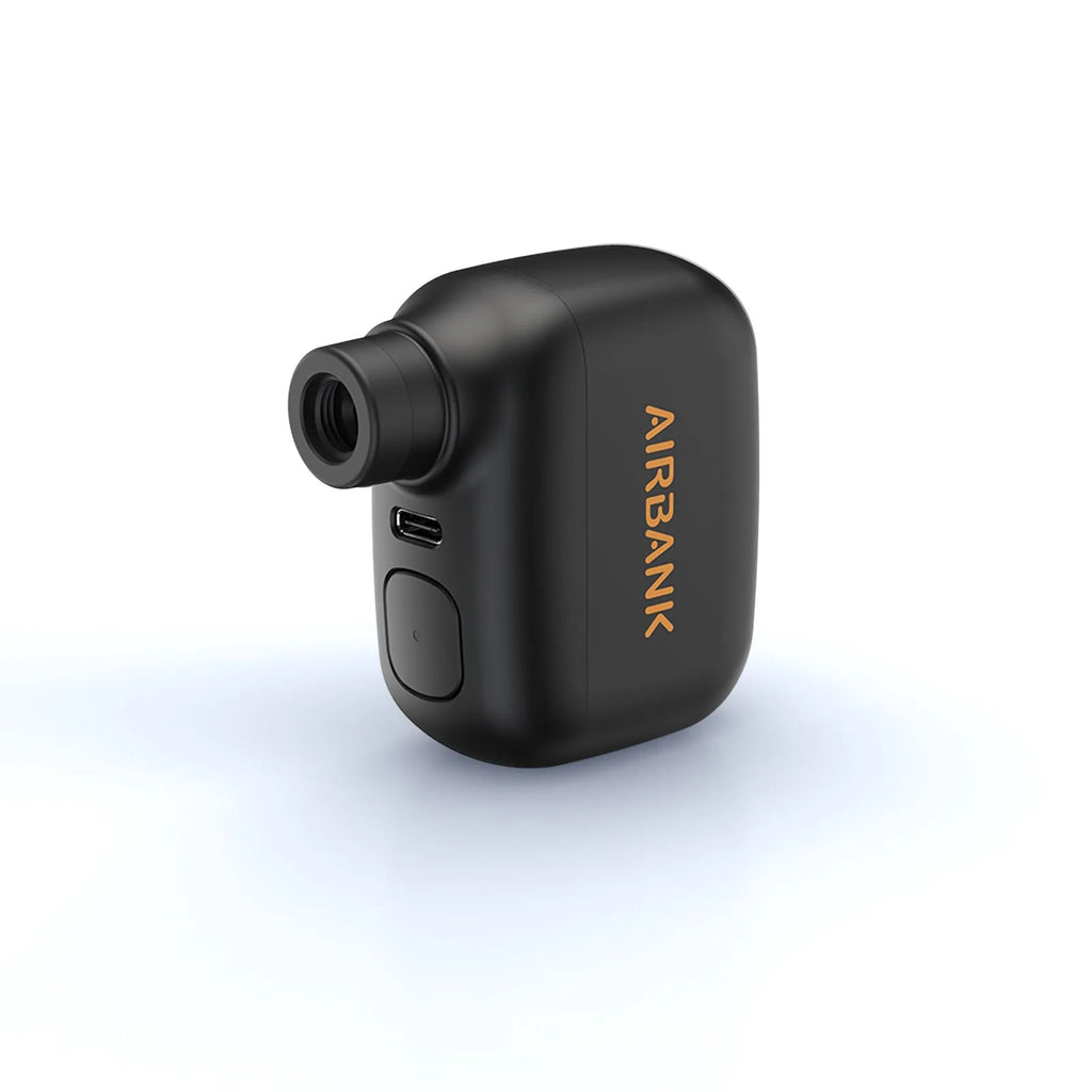 Black mini electric bike pump with digital display and USB charging port