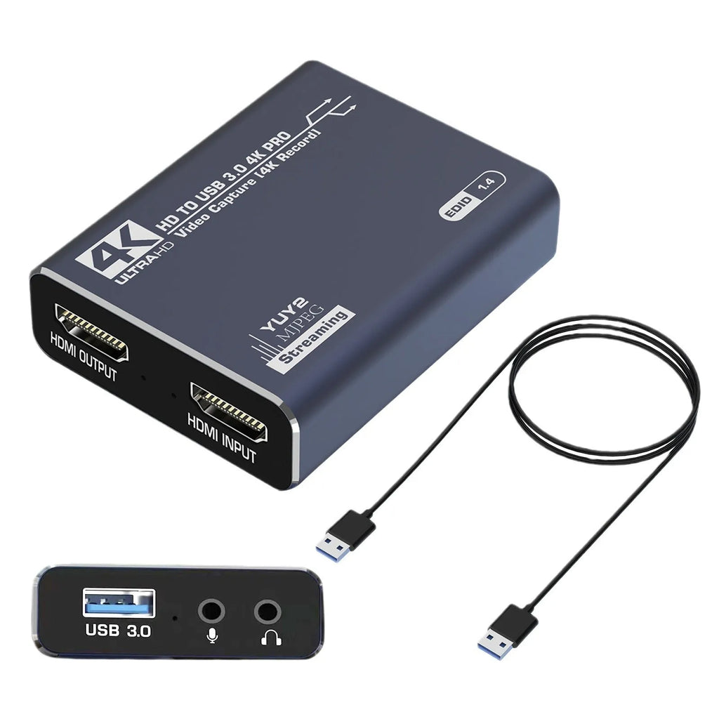 Black 4K set-top box audio recording device with USB data collector for 1080p capture