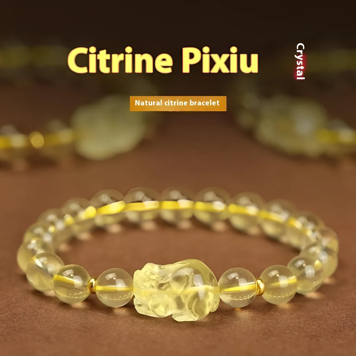 Yellow leather citrine pi xiu bracelet with artificial crystal beads and adjustable leather cord fastening