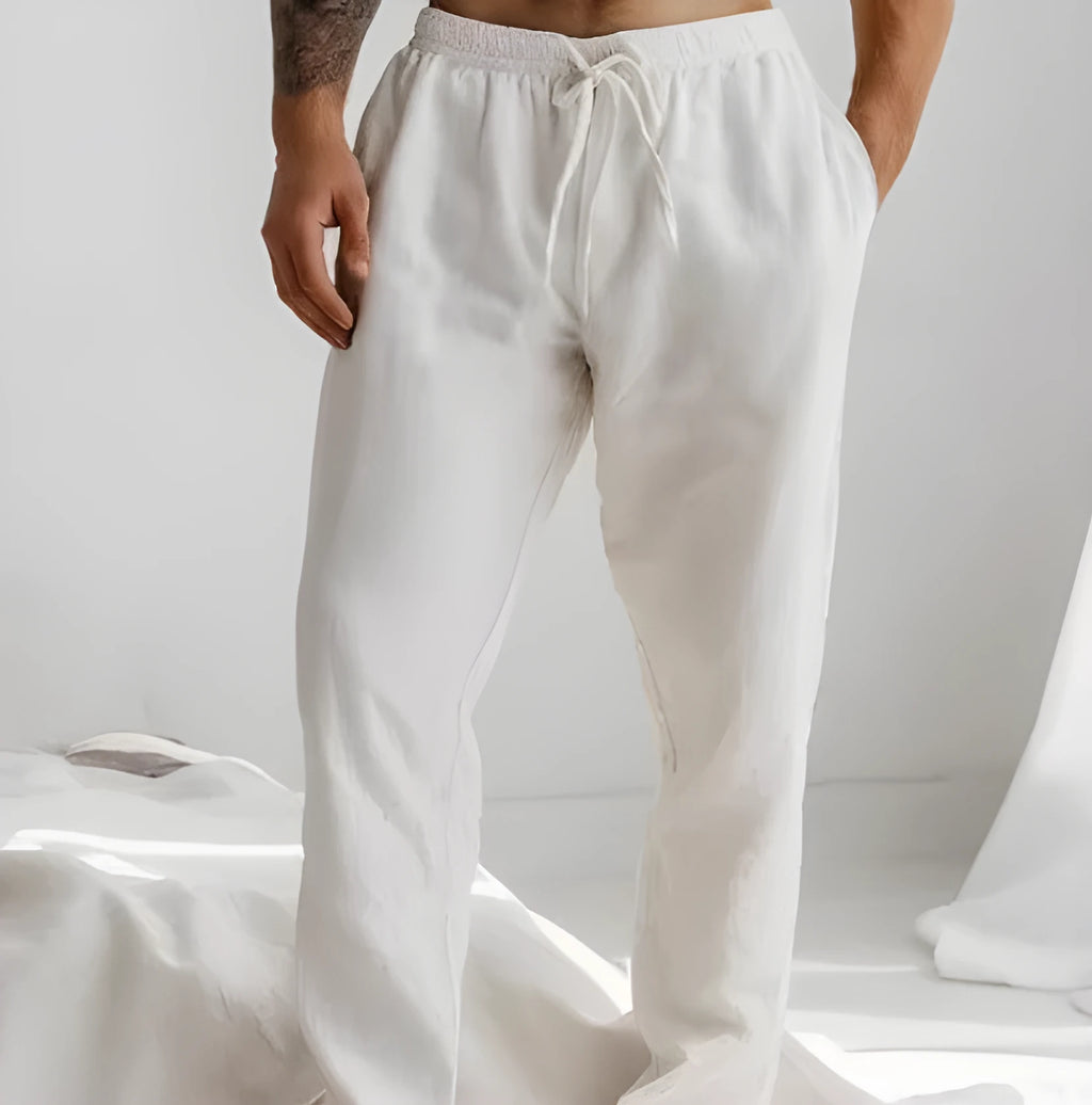 Men's light blue cotton-linen summer trousers with elastic drawstring waist and straight loose leg.