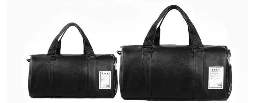 Black waterproof sports fitness bag with separate shoe compartments shown in two size options