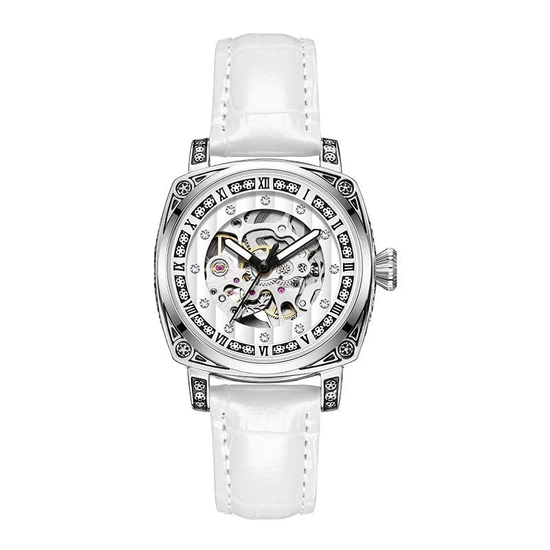 Mechanical watch with luminous hands on leather strap, 10m water resistant