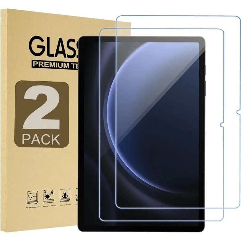 Two Samsung Galaxy tablet screen protectors made of HD tempered glass in a leather storage bag.