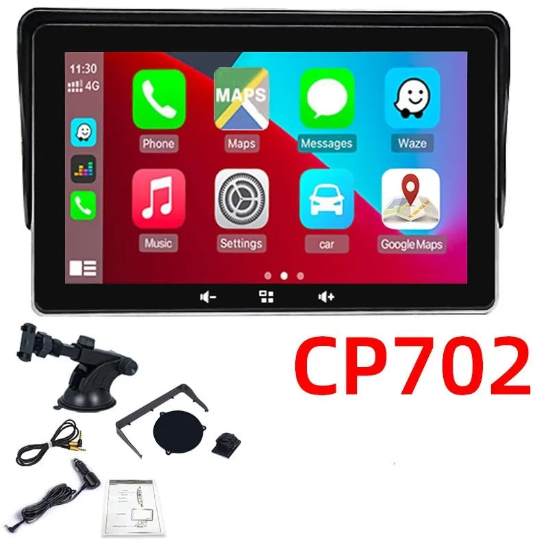 7-inch wireless CarPlay display for cars with suction cup mount and cigarette lighter power cable