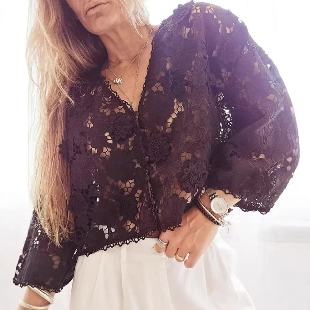 Lace V-neck cardigan shirt with three-dimensional flower decoration, long sleeves, loose fit street fashion style