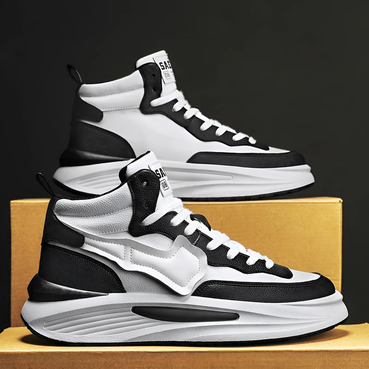 Men's black platform high-top casual shoe with round toe and artificial PU upper