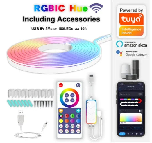 3-metre USB-powered RGB neon LED strip lights with remote control on colour box packaging
