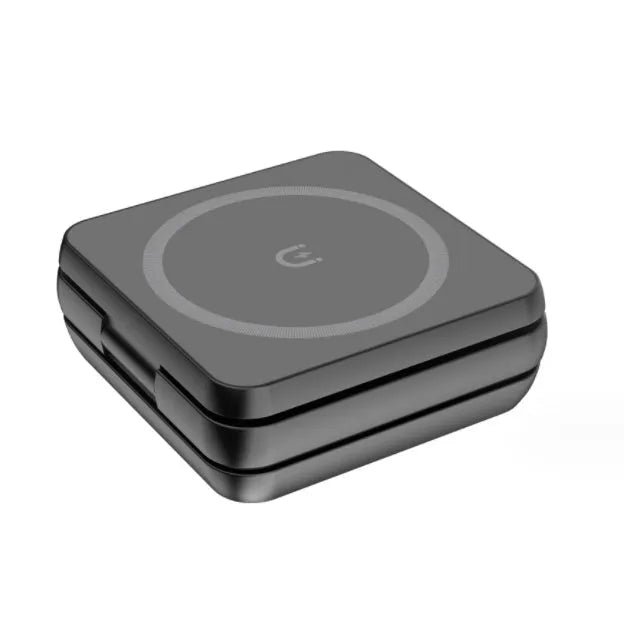 Foldable three-in-one desktop wireless charging bracket shown open and closed