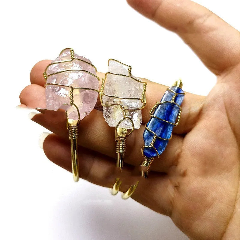 Natural crystal rough stone bracelet with gold winding geometric design in bohemian ethnic retro style