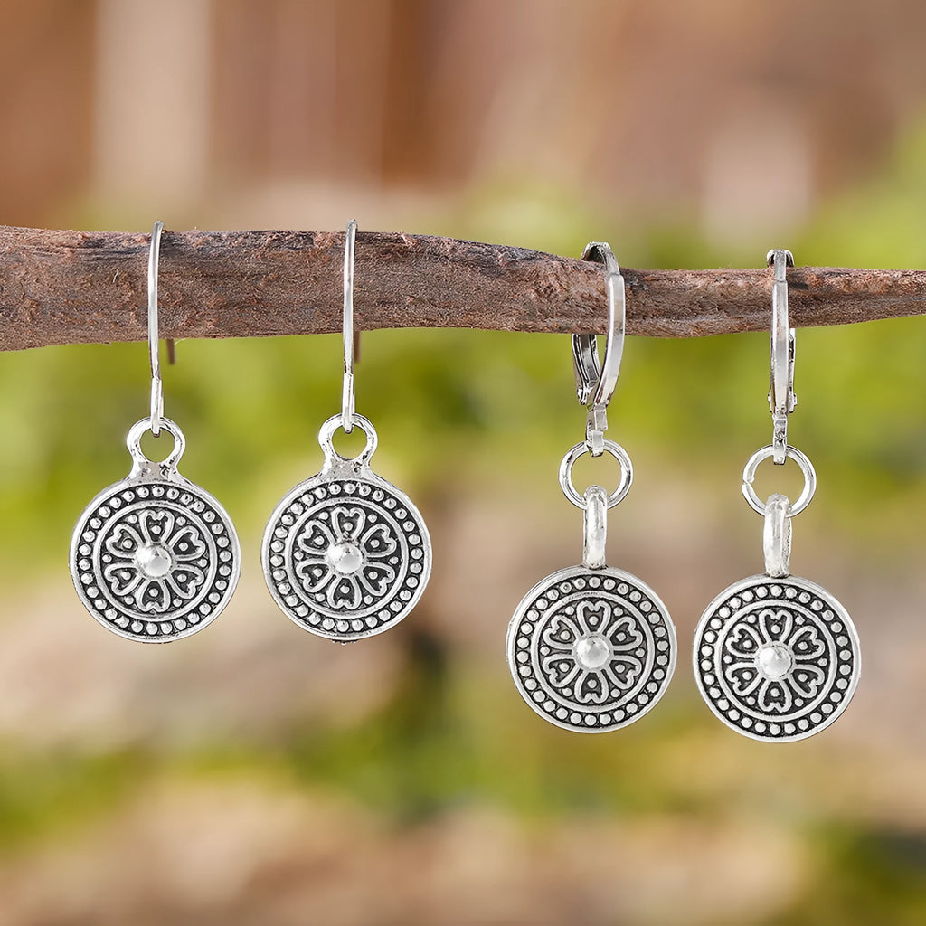 Round bohemian retro earrings with distressed ethnic print in electroplated zinc alloy