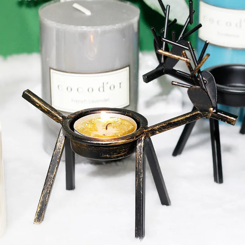 Iron Christmas deer candlestick holder with elk silhouette design