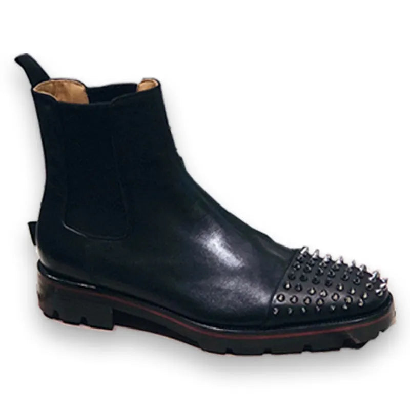 Men's black leather high-top business casual shoes on a white background.