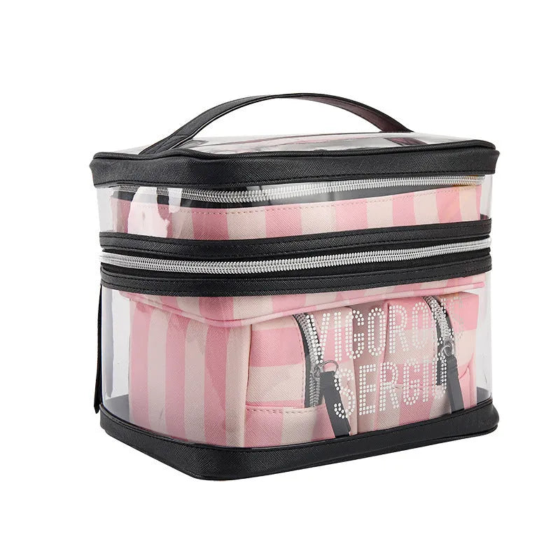 Pink bold stripe floral pattern waterproof makeup bag with folding buggy design