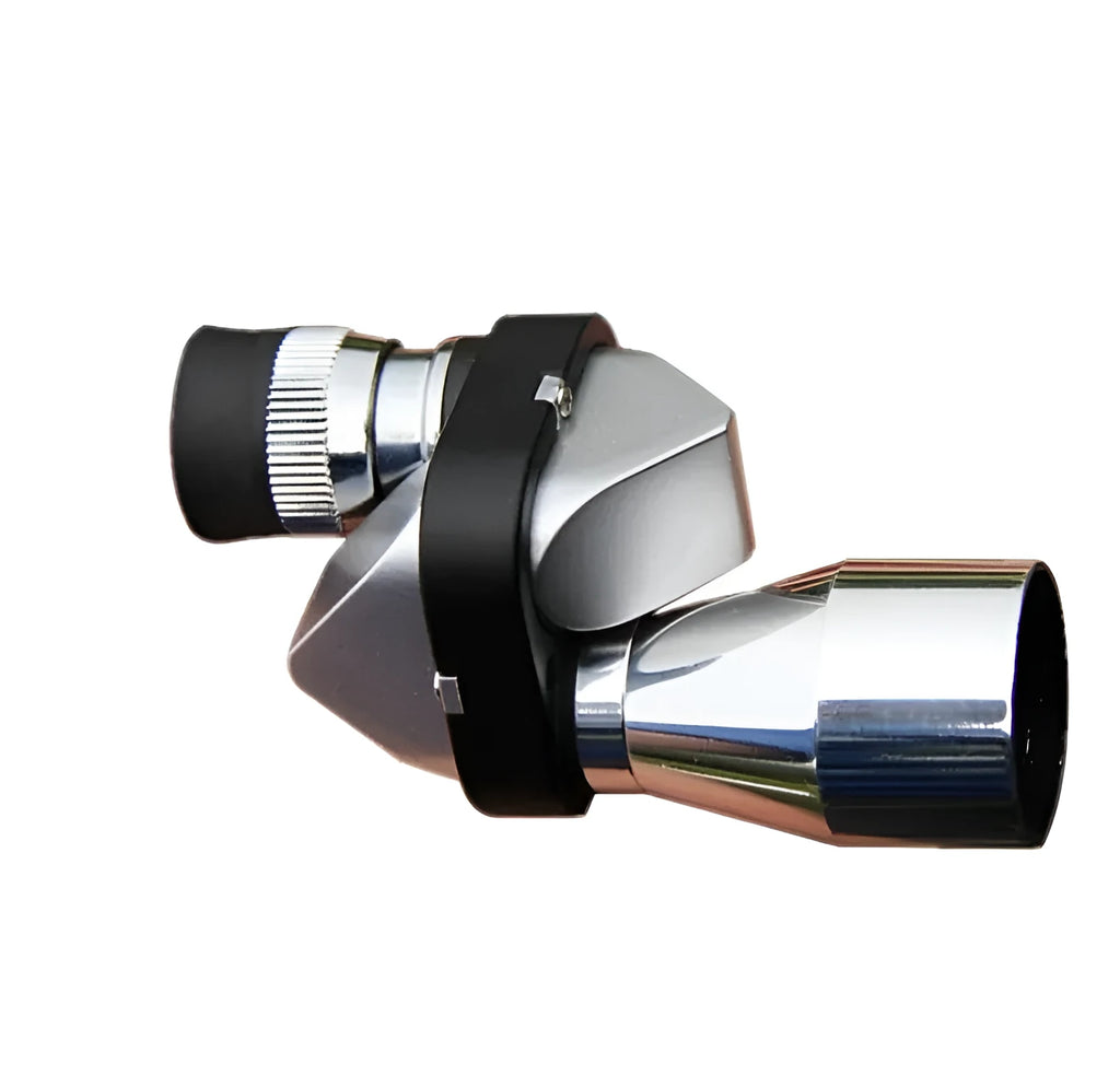 Compact black aluminium 8x20 monocular telescope with folded eyecup, shown with its canvas carry case and lens cloth.