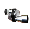 Compact black aluminium 8x20 monocular telescope with folded eyecup, shown with its canvas carry case and lens cloth.