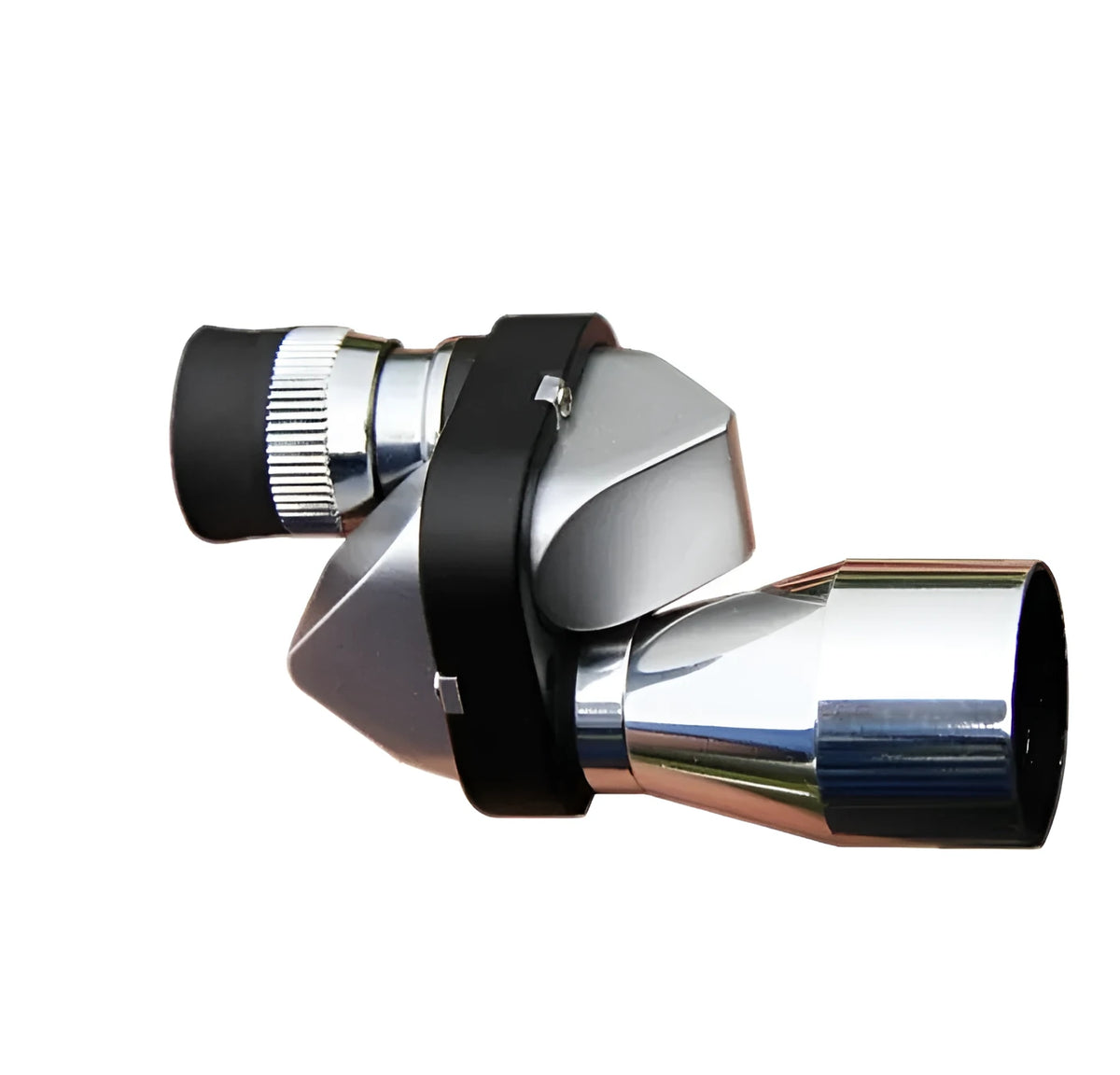 Compact black aluminium 8x20 monocular telescope with folded eyecup, shown with its canvas carry case and lens cloth.