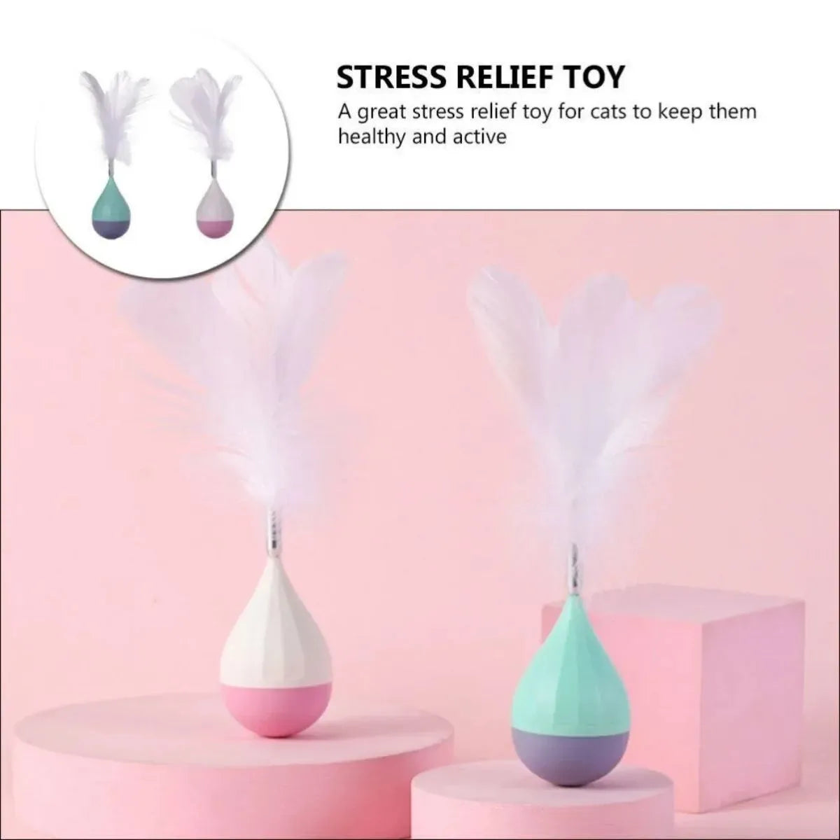 Green or pink feather tumbler cat toy with self-healing base and goose feather teaser.