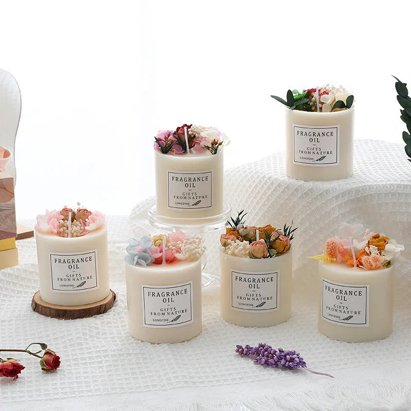 Scented soy wax candle with dried flowers decoration showing lavender fragrance option with wooden chip base