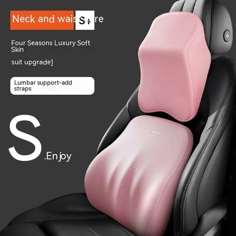Memory foam automotive pillow set showing headrest and lumbar support pillows in solid colours