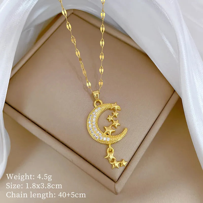 Moon tassel necklace with full diamond effect in stainless steel and copper geometric design