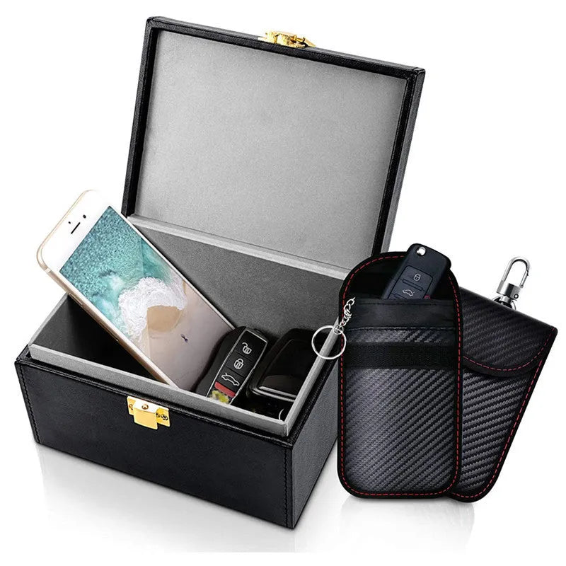 Carbon fibre RFID shielding box and two key cases with nano lining for electronic theft protection