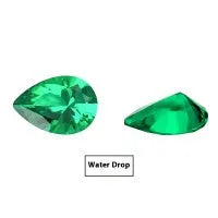Cultivated emerald green gemstones showing various shapes including round, princess cut, heart, and pear shapes