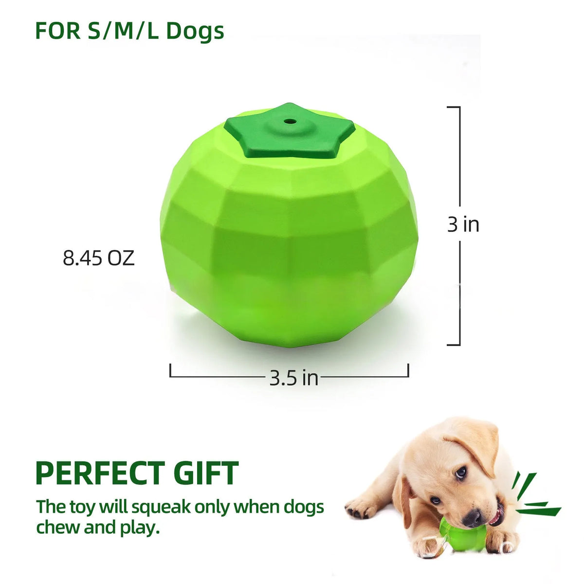 Green natural rubber dog chew ball with squeaker for large breed aggressive chewing dogs