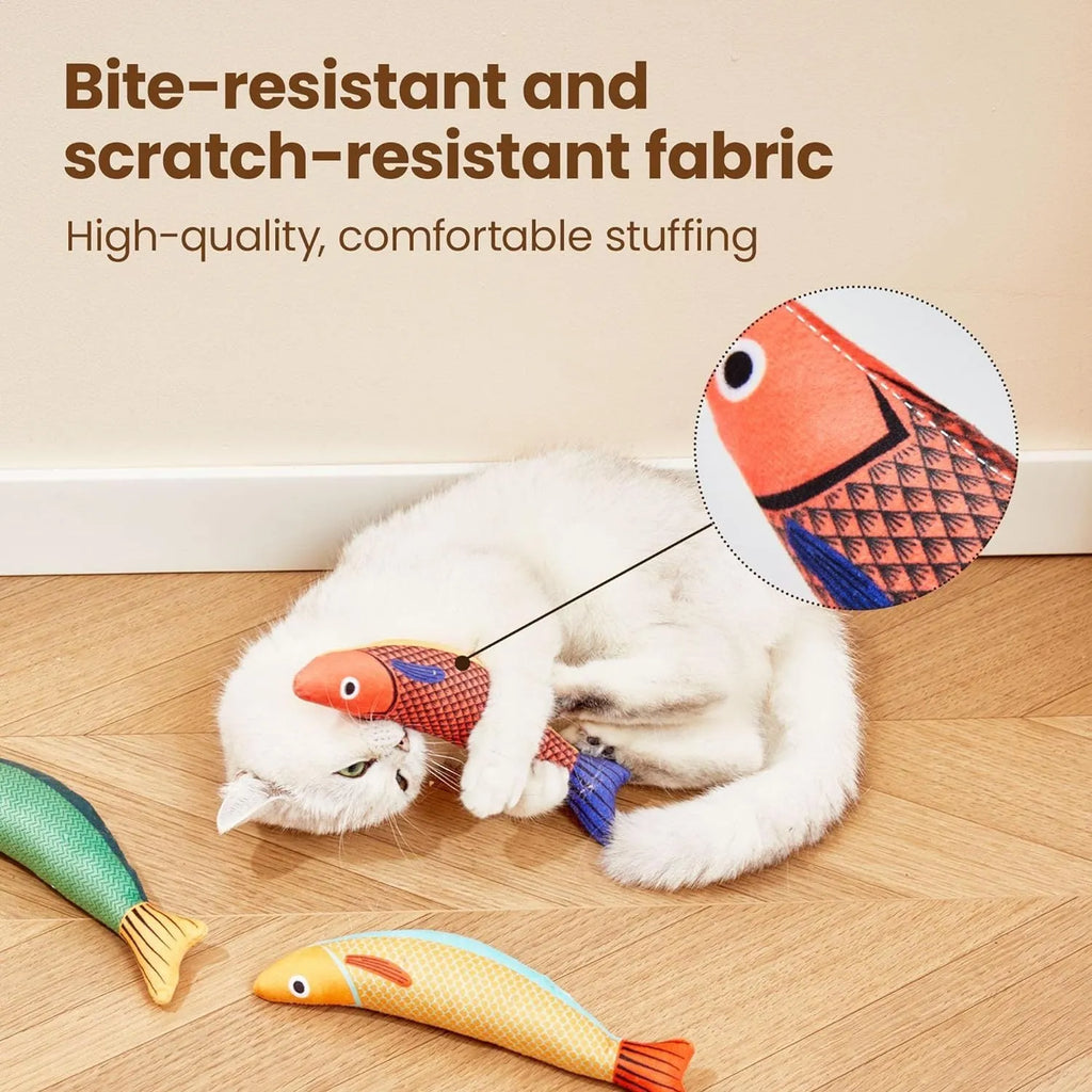 Soft plush fish-shaped cat toy filled with organic catnip in green, orange, or yellow.