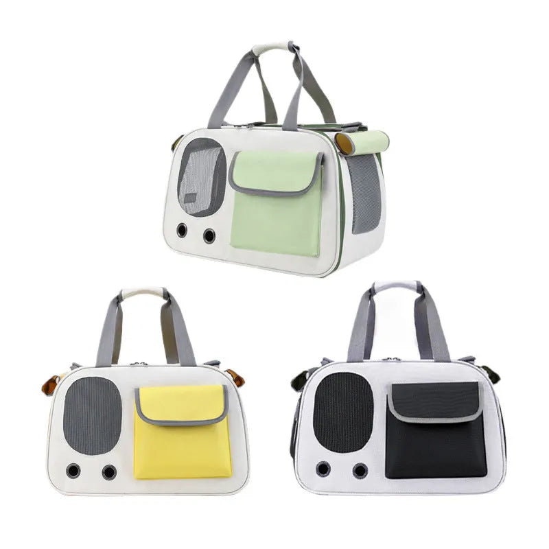 Canvas foldable single shoulder pet bag shown in yellow, green, and black colour options