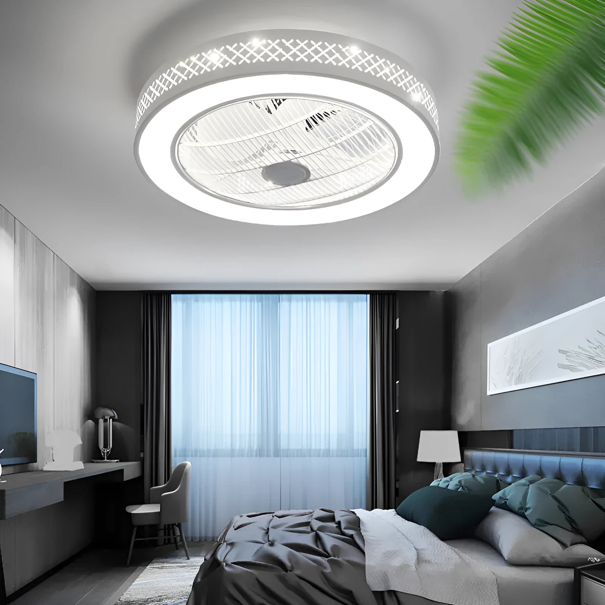 55cm diameter LED ceiling fan light with metal blades and integrated chandelier in pastoral style
