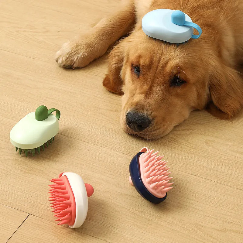 Soft silicone pet grooming brush with hair removal comb in four colour options for dog bath sessions