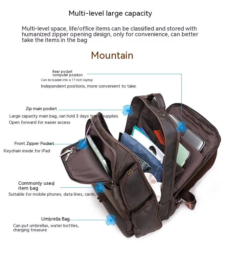 Dark brown retro crazy horse leather backpack for men with a 17-inch laptop compartment.