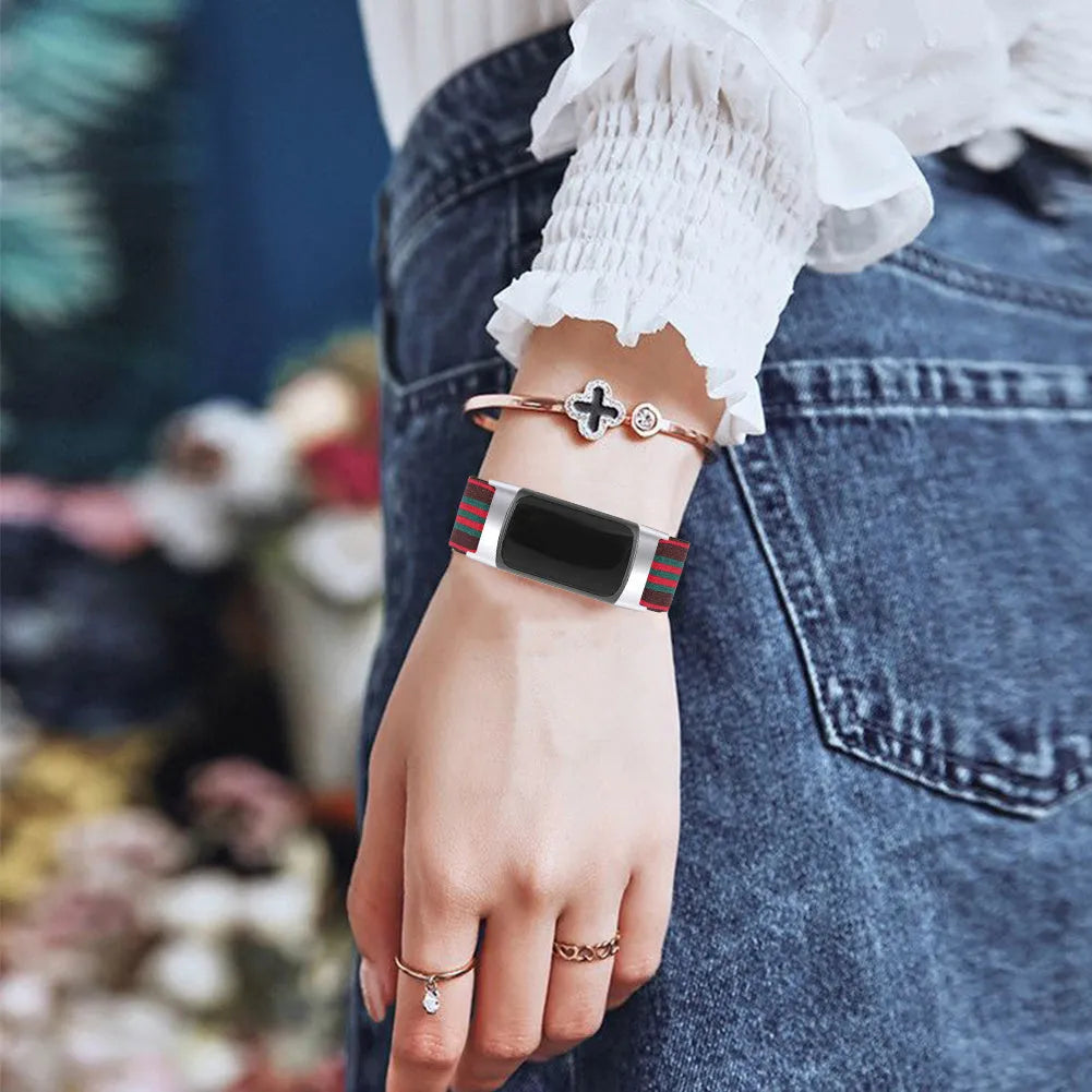 Printed elastic watch strap for Fitbit Charge 6 showing adjustable design and pattern options