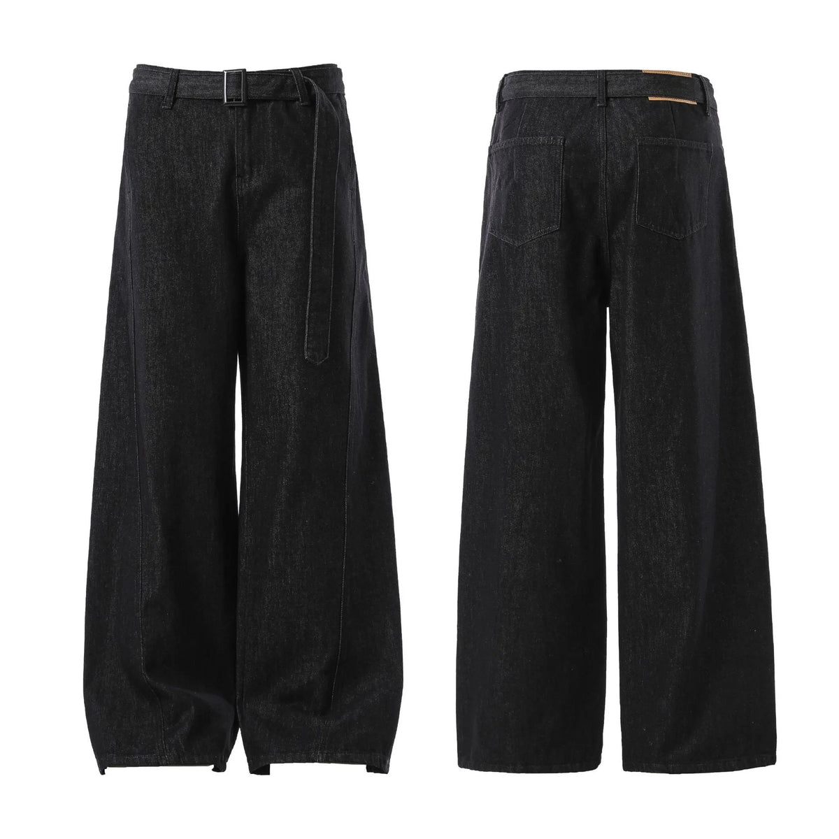 Black American retro high waist straight leg jeans on a model, showing the zip fly and straight cut.