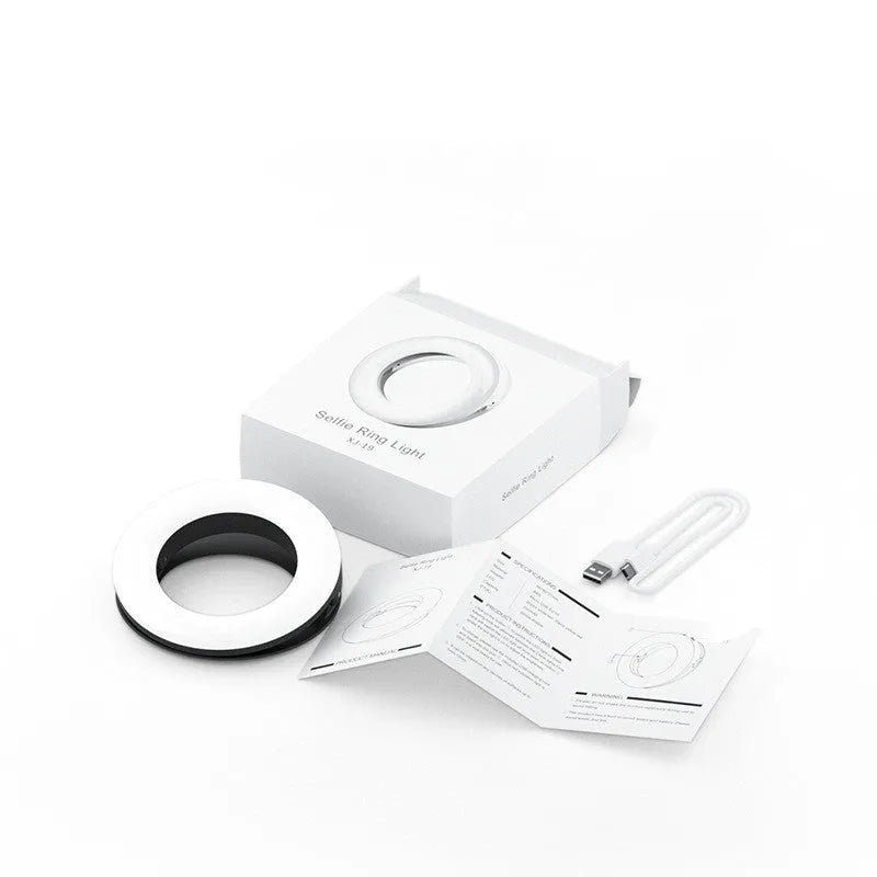Black USB selfie ring light for mobile phone photography with adjustable brightness