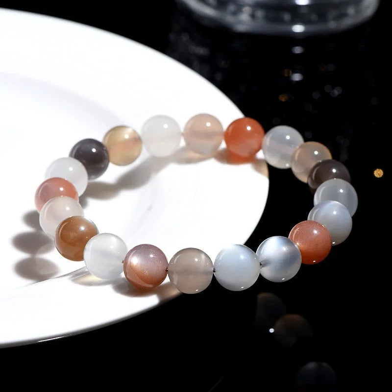 Natural moonstone bracelet with colourful moon light pattern showing 8mm stones in single circle configuration